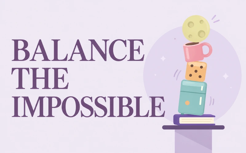 Balance the Impossible in purple serif lettering beside a precarious tower of a book, fridge, die, mug, and moon on a lilac background