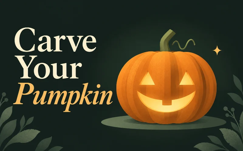 Carve Your Pumpkin in cream and amber serif lettering beside an illustrated glowing pumpkin in a forest-green workshop